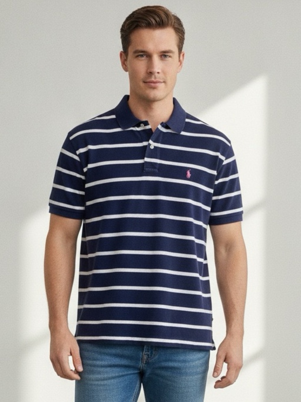 Polo Ralph Lauren Navy White Striped Polo Shirt Men's XL Preppy Coastal Luxury